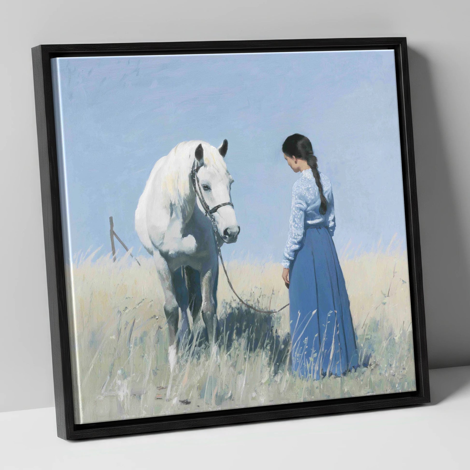 The Silent Conversation horse & rider canvas wall art in black frame