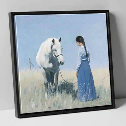 The Silent Conversation horse & rider canvas wall art in black frame