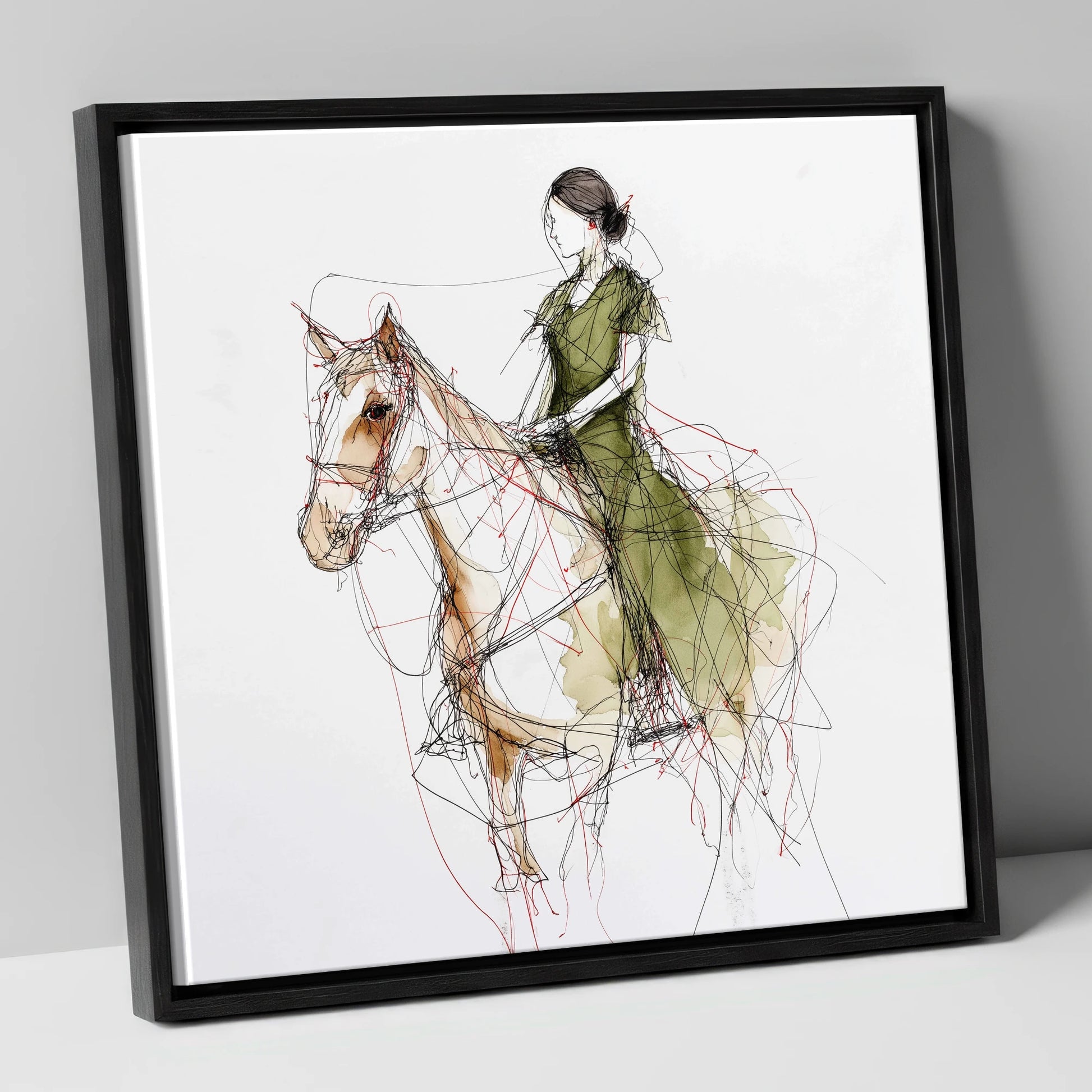 Threads of Connection horse & rider canvas wall art in black frame