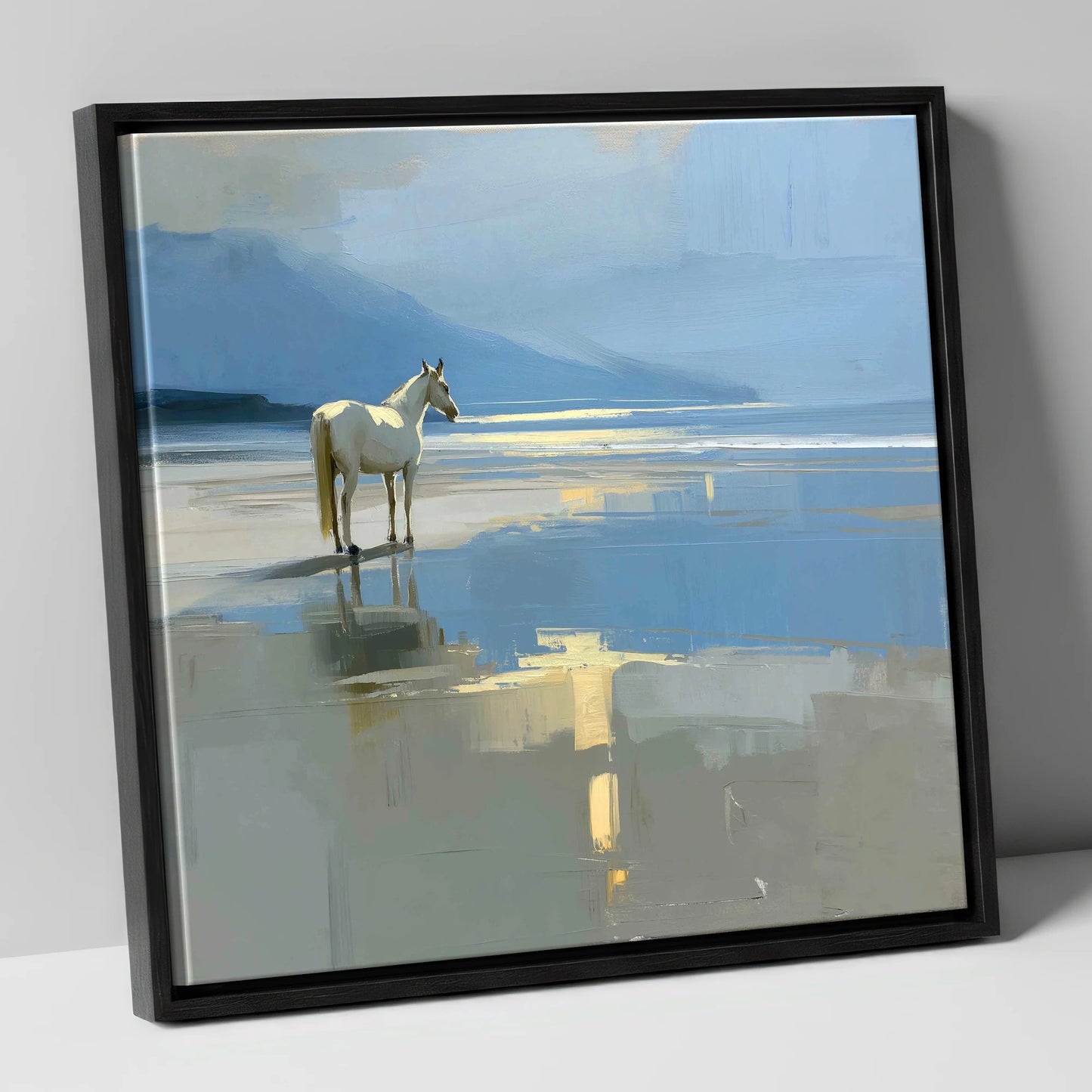 Solitary Coastal Gleam horse landscape canvas wall art in black frame