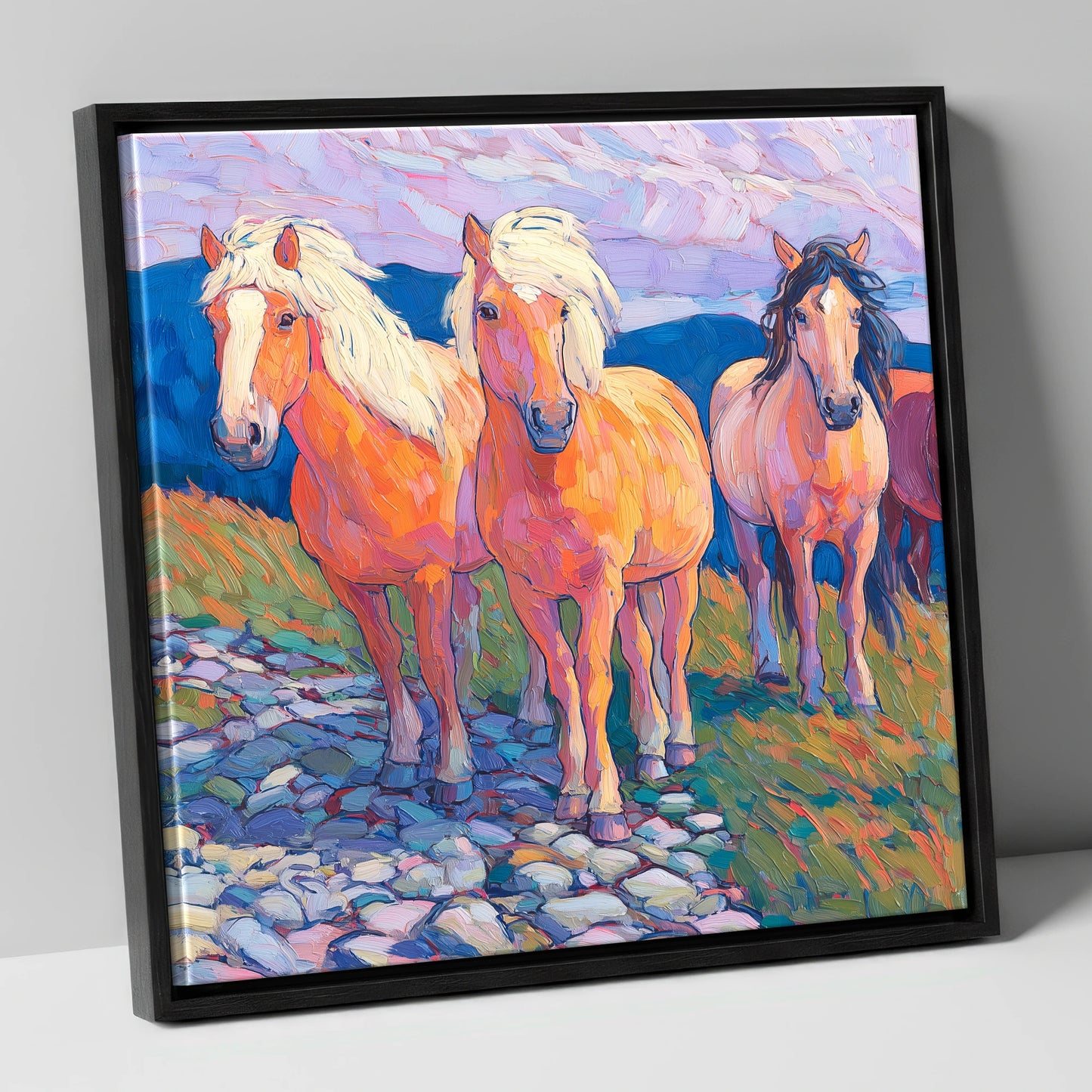 Painted Highland Herd horse landscape canvas wall art in black frame