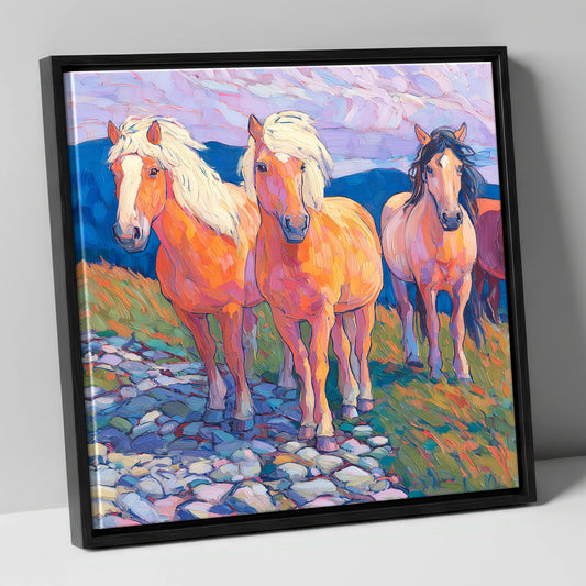 Painted Highland Herd horse landscape canvas wall art in black frame