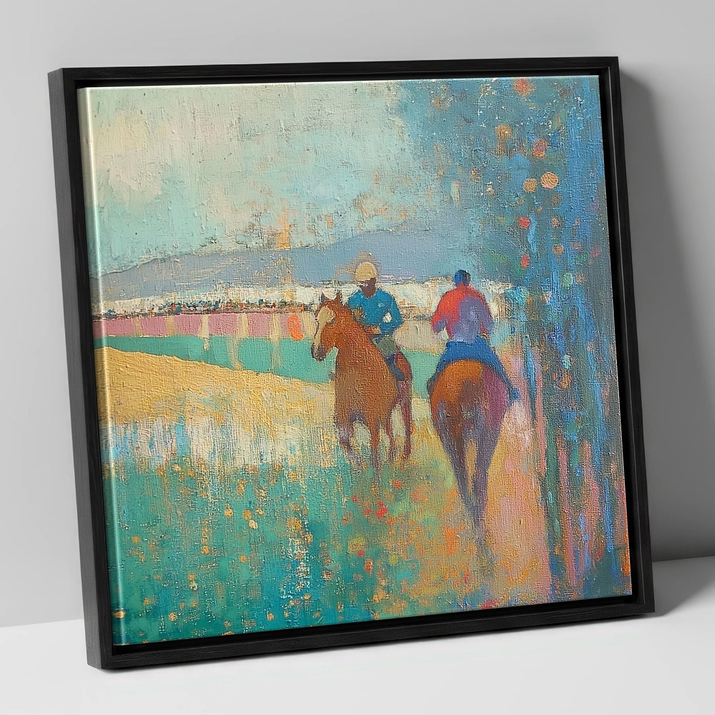 Morning Ride Out racing horse canvas wall art in black frame