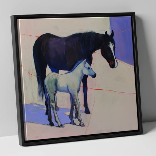 Indigo Shadows mare & foal canvas wall art in black frame