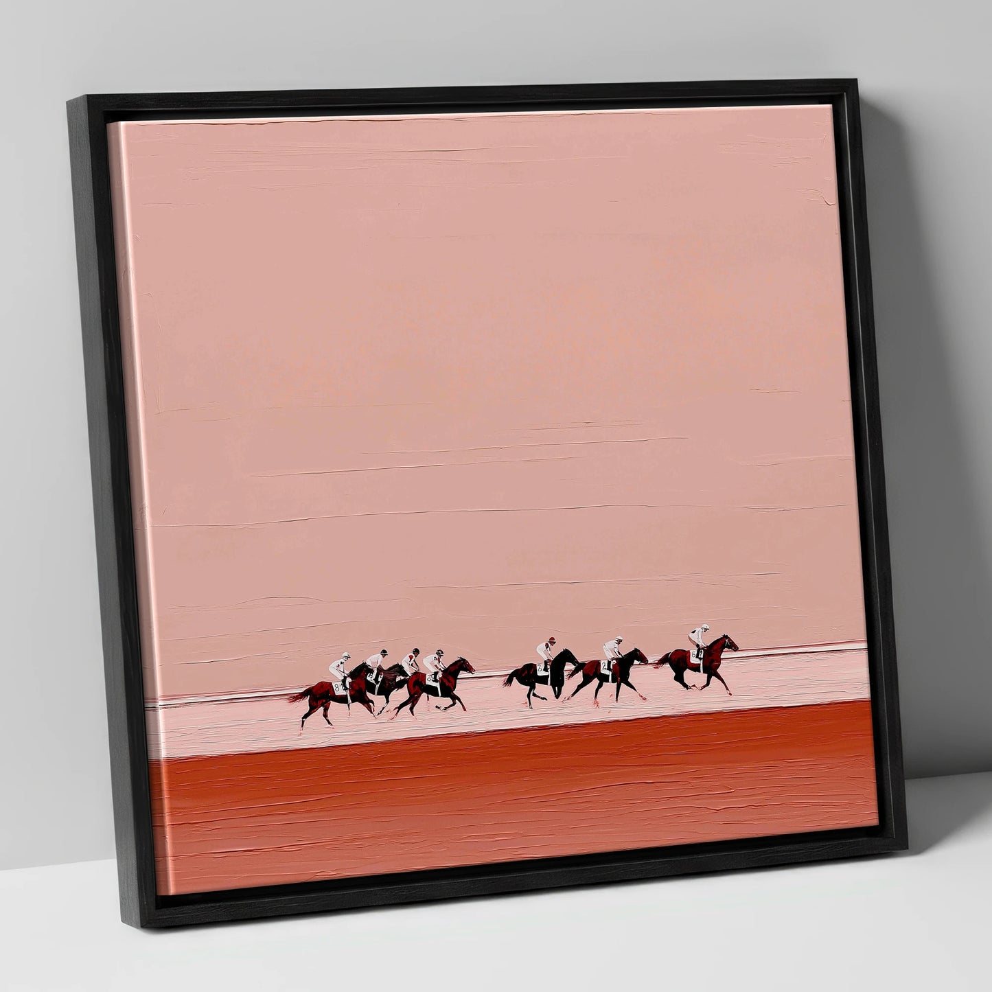 Dusty Rose Gallop racing horse canvas wall art in black frame
