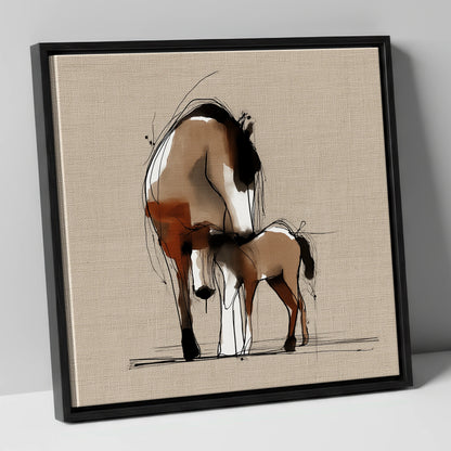 Tender Sepia Bond mare & foal canvas wall art in black frame
