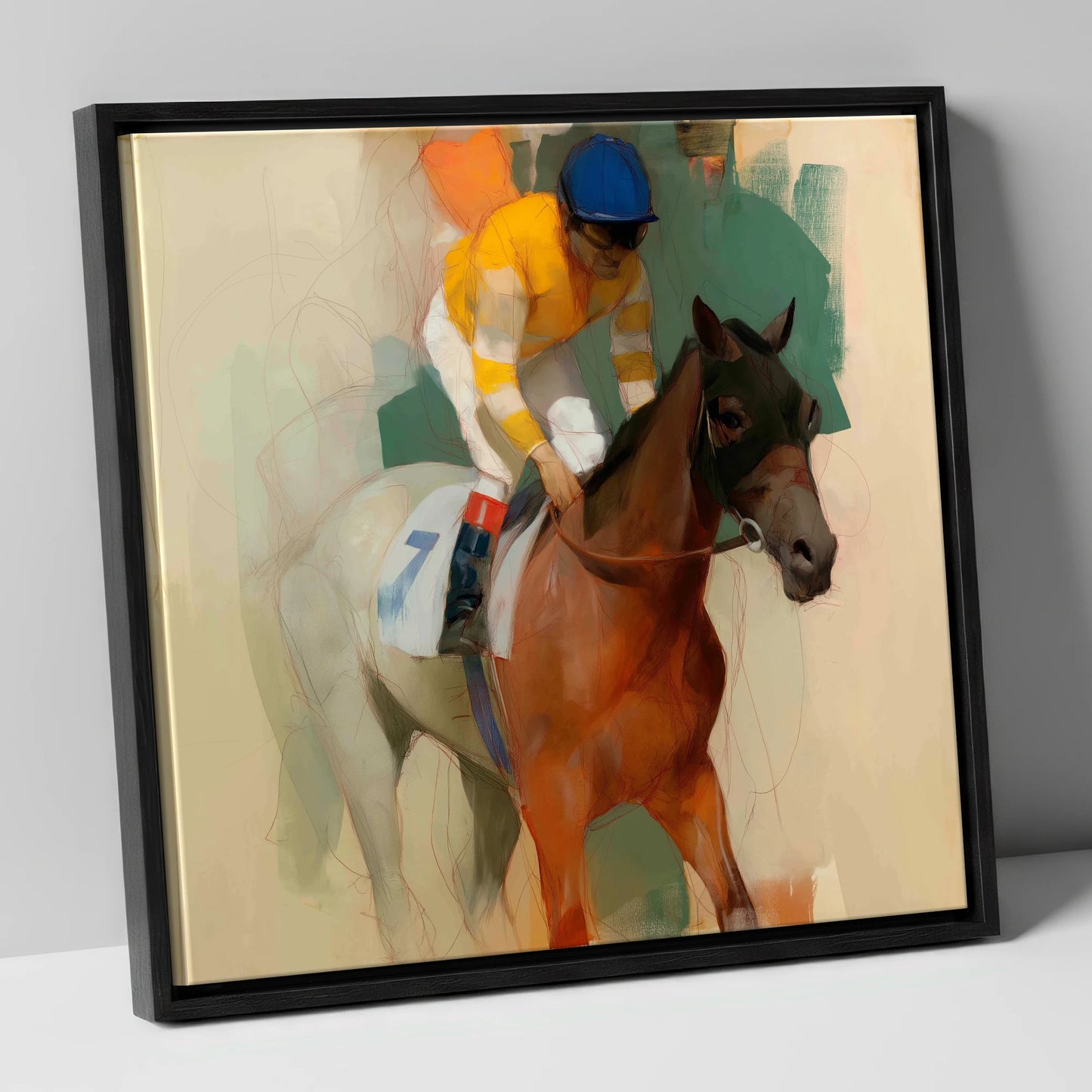 Silks at the Start racing horse canvas wall art in black frame