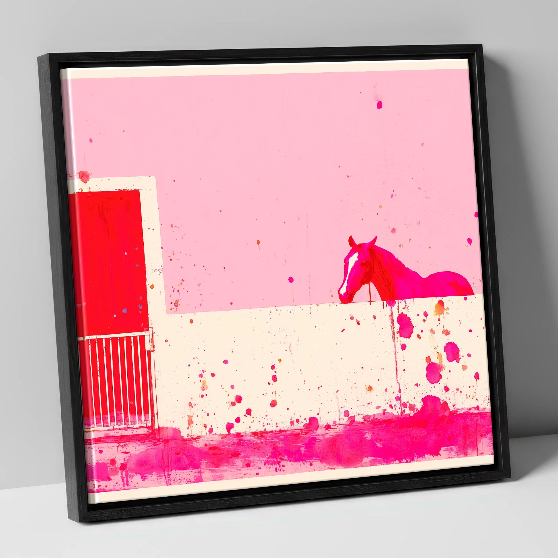 Crimson Doorway horse stable canvas wall art in black frame