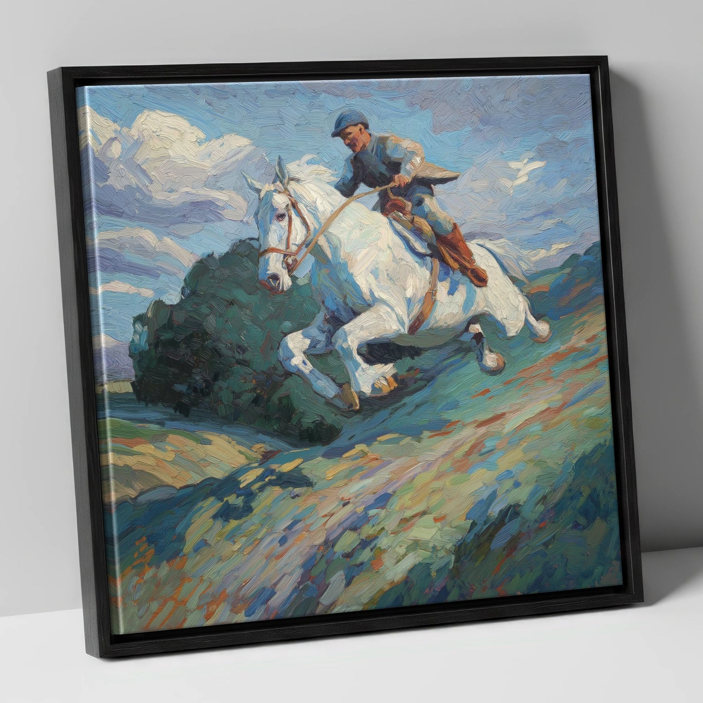 The Boundless Leap show jumping horse canvas wall art in black frame