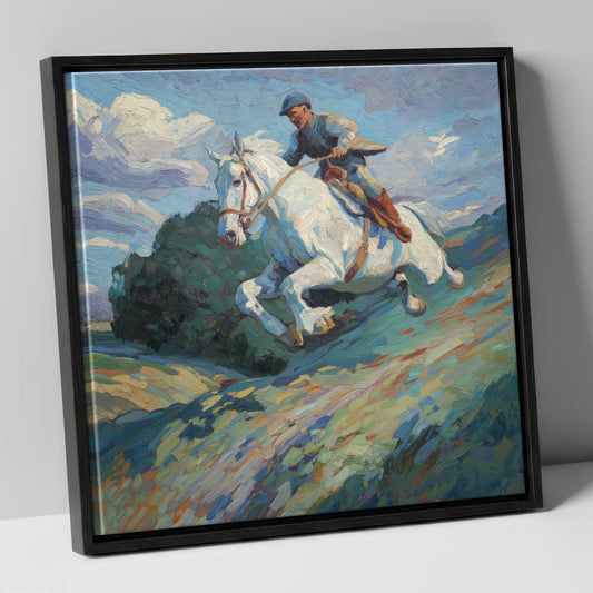 The Boundless Leap show jumping horse canvas wall art in black frame