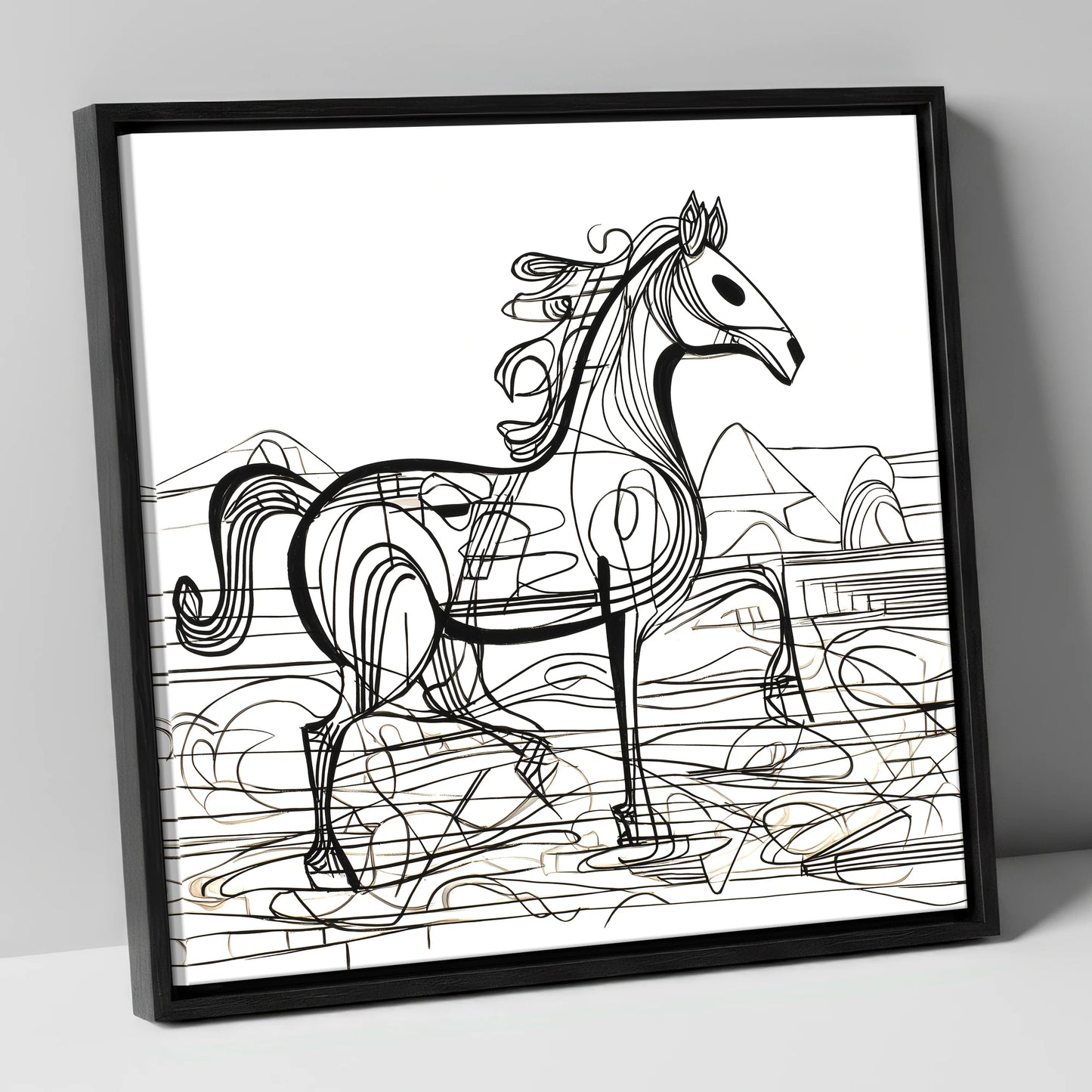 Coastline Contours beach horse canvas wall art in black frame