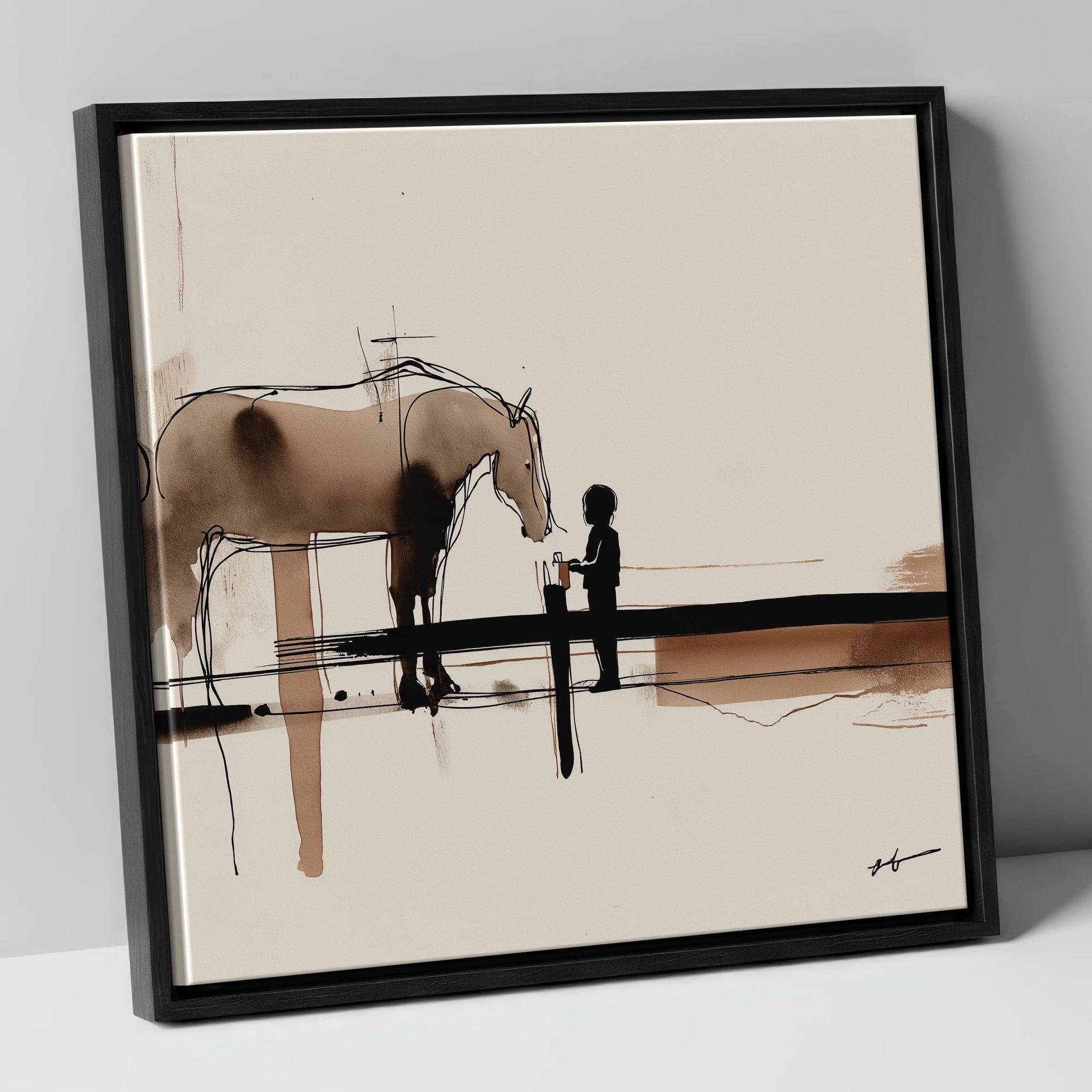A Gentle Encounter horse & rider canvas wall art in black frame