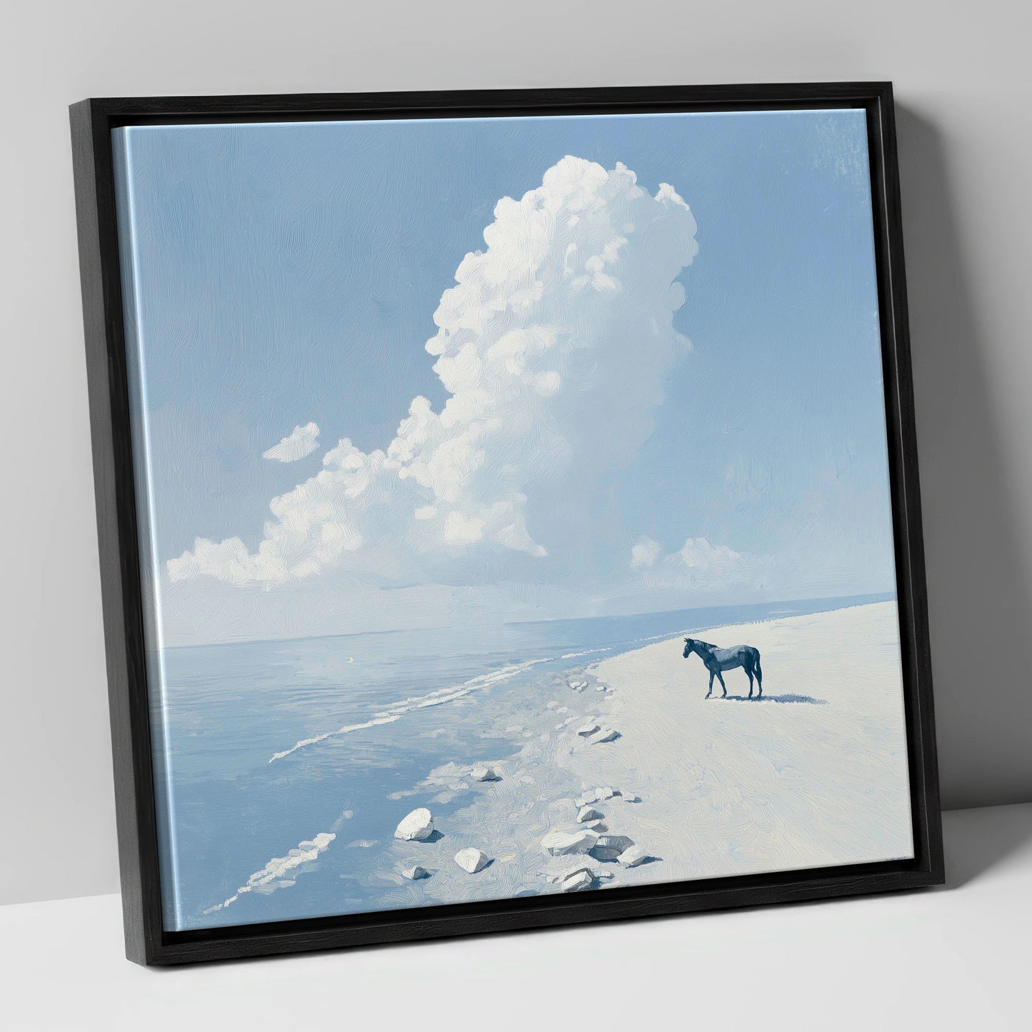 Solitary Coastal Watch horse landscape canvas wall art in black frame