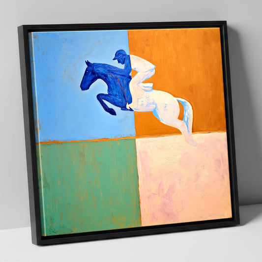 The Abstract Leap show jumping horse canvas wall art in black frame