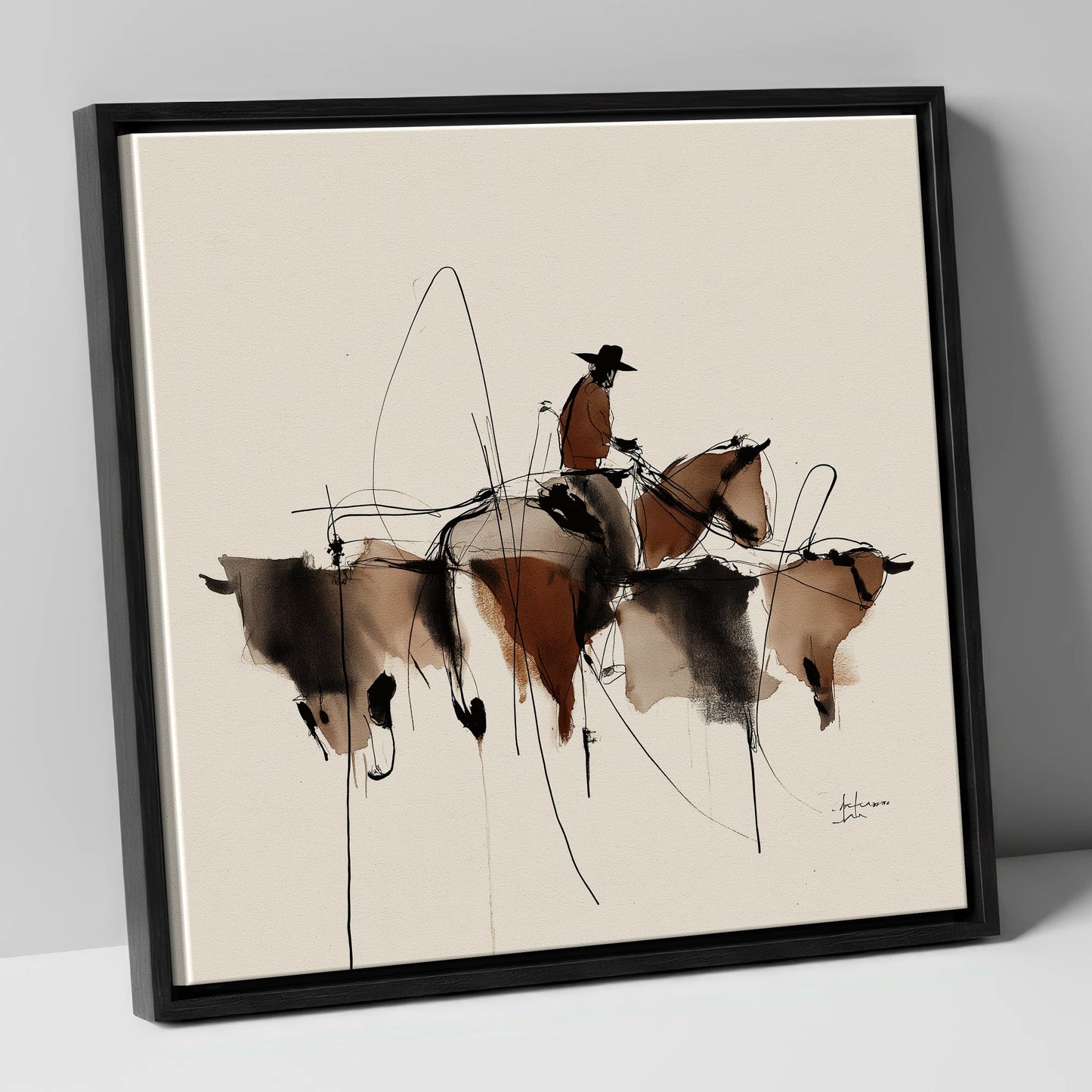 The Cattle Drive western horse canvas wall art in black frame