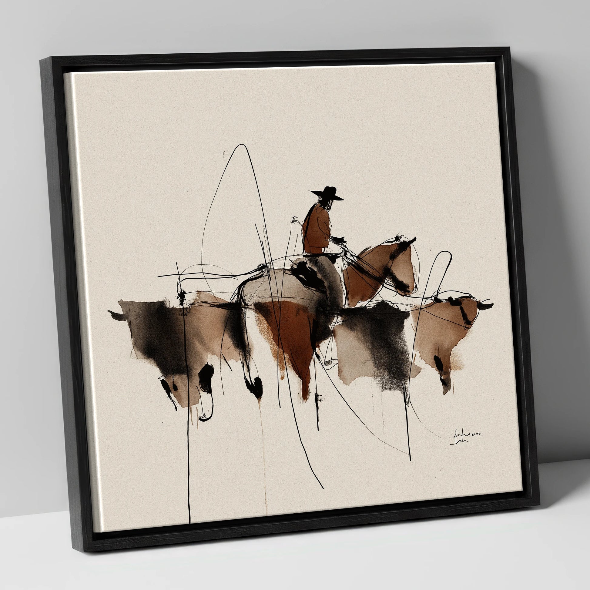 The Cattle Drive western horse canvas wall art in black frame
