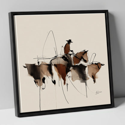 The Cattle Drive western horse canvas wall art in black frame
