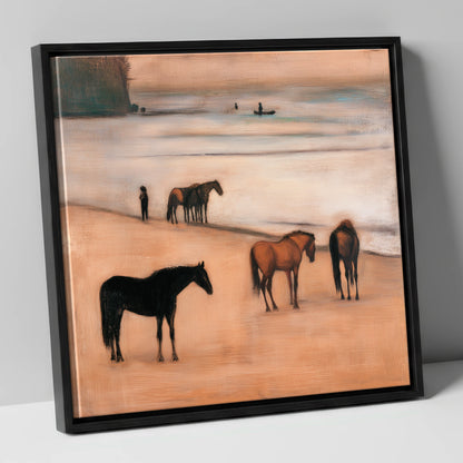 Serenity on the Sands horse landscape canvas wall art in black frame