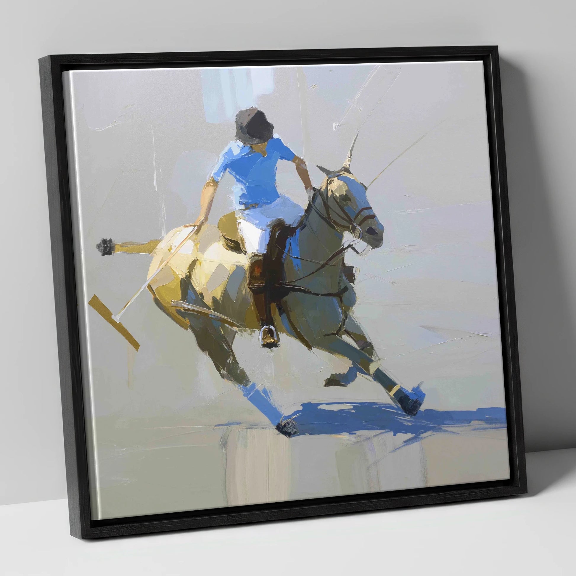 High Goal Pursuit polo horse canvas wall art in black frame