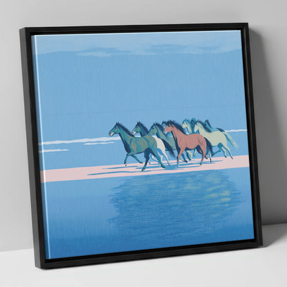 Coastal Canter wild horses canvas wall art in black frame