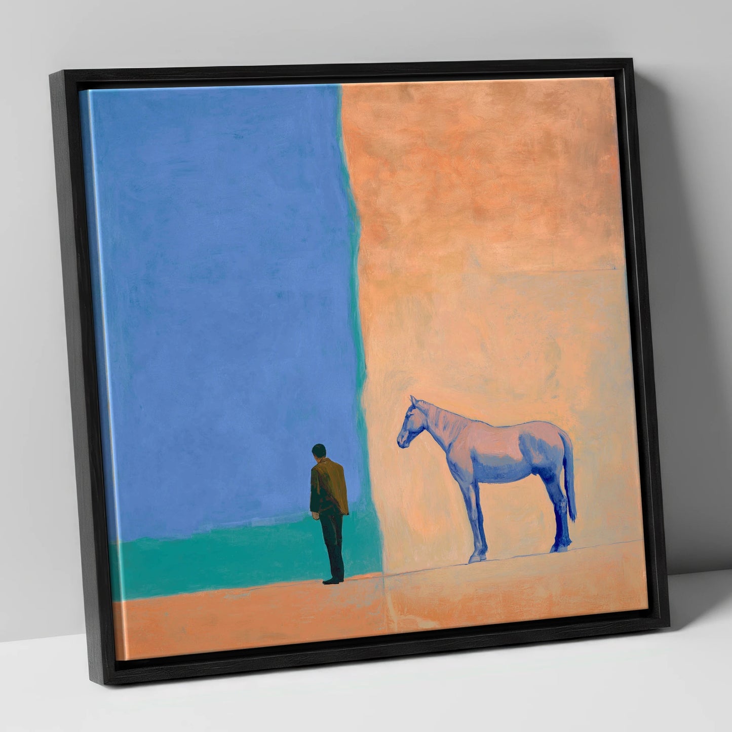 Between Blue and Sand horse & rider canvas wall art in black frame