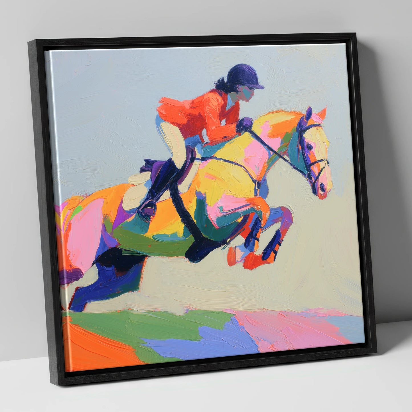Chromatic Showjumper show jumping horse canvas wall art in black frame