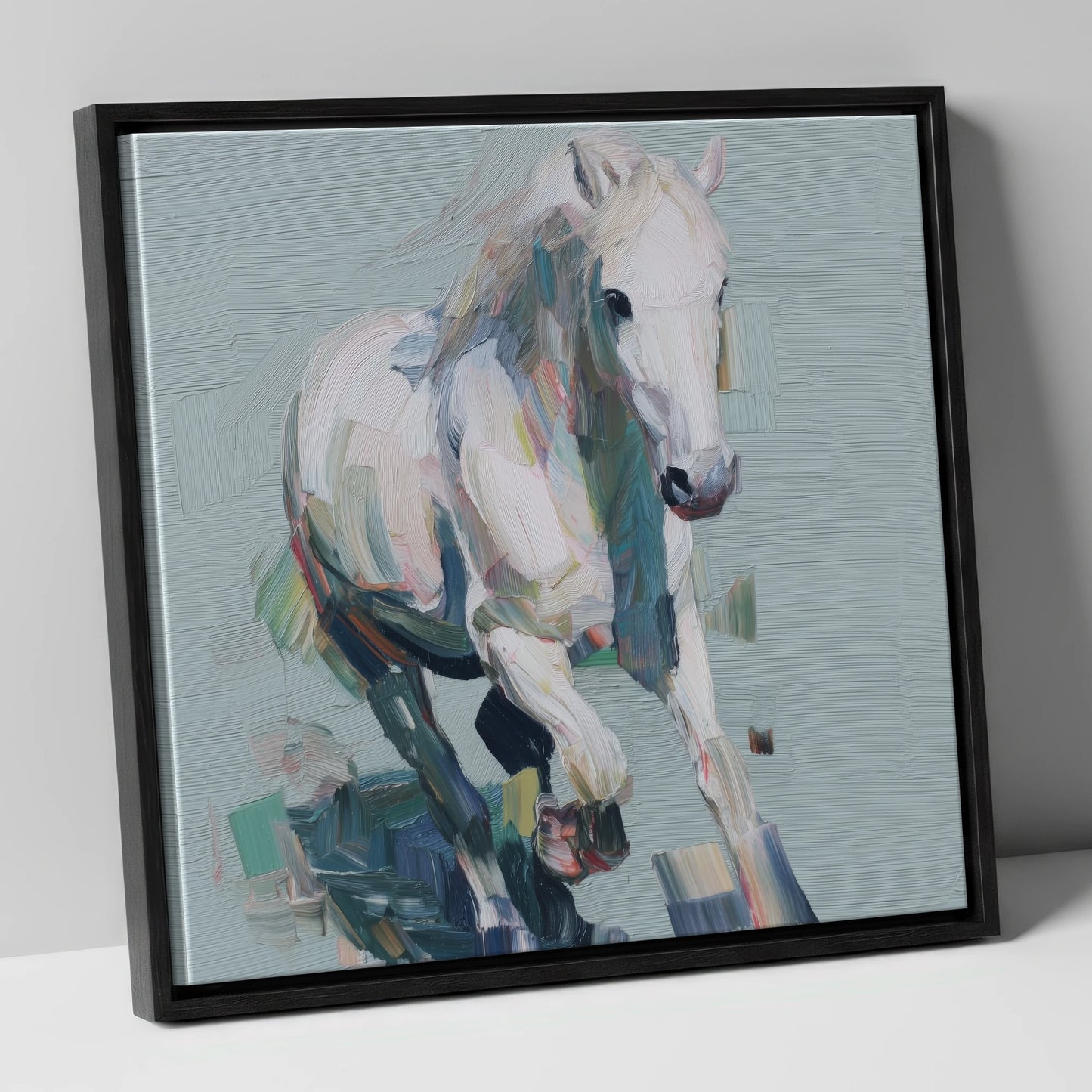 Expressive Grey Canter horse breed canvas wall art in black frame