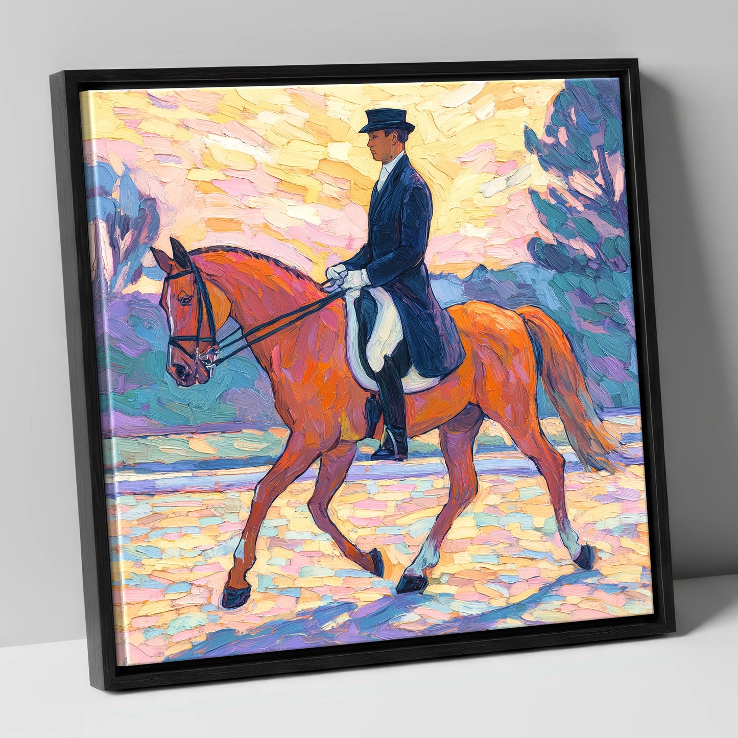 Painted Dressage Elegance dressage horse canvas wall art in black frame