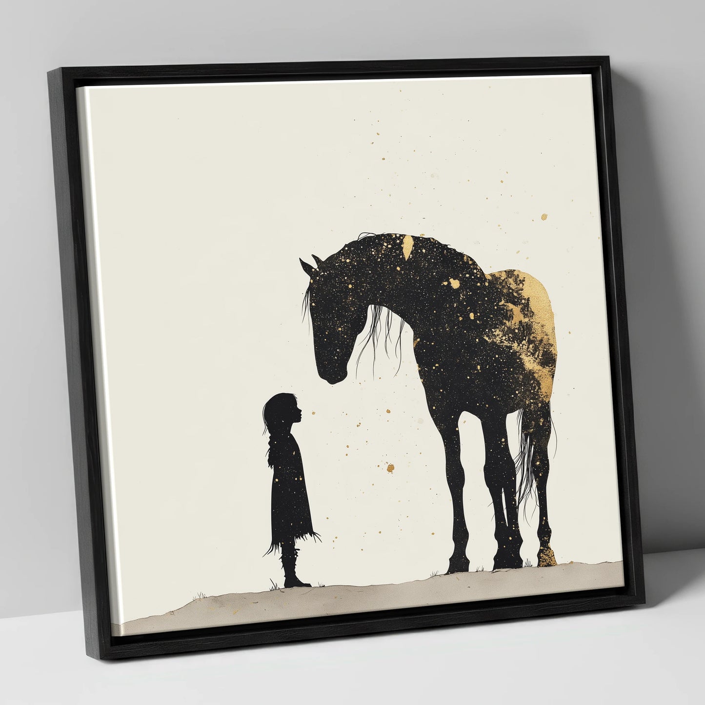 Whispers in Gold horse & rider canvas wall art in black frame