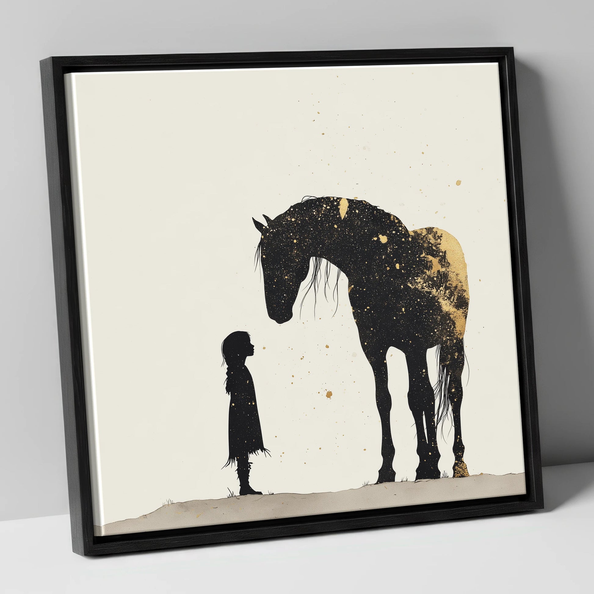 Whispers in Gold horse & rider canvas wall art in black frame