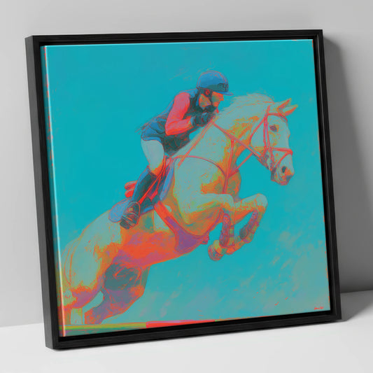 Technicolour Flight show jumping horse canvas wall art in black frame