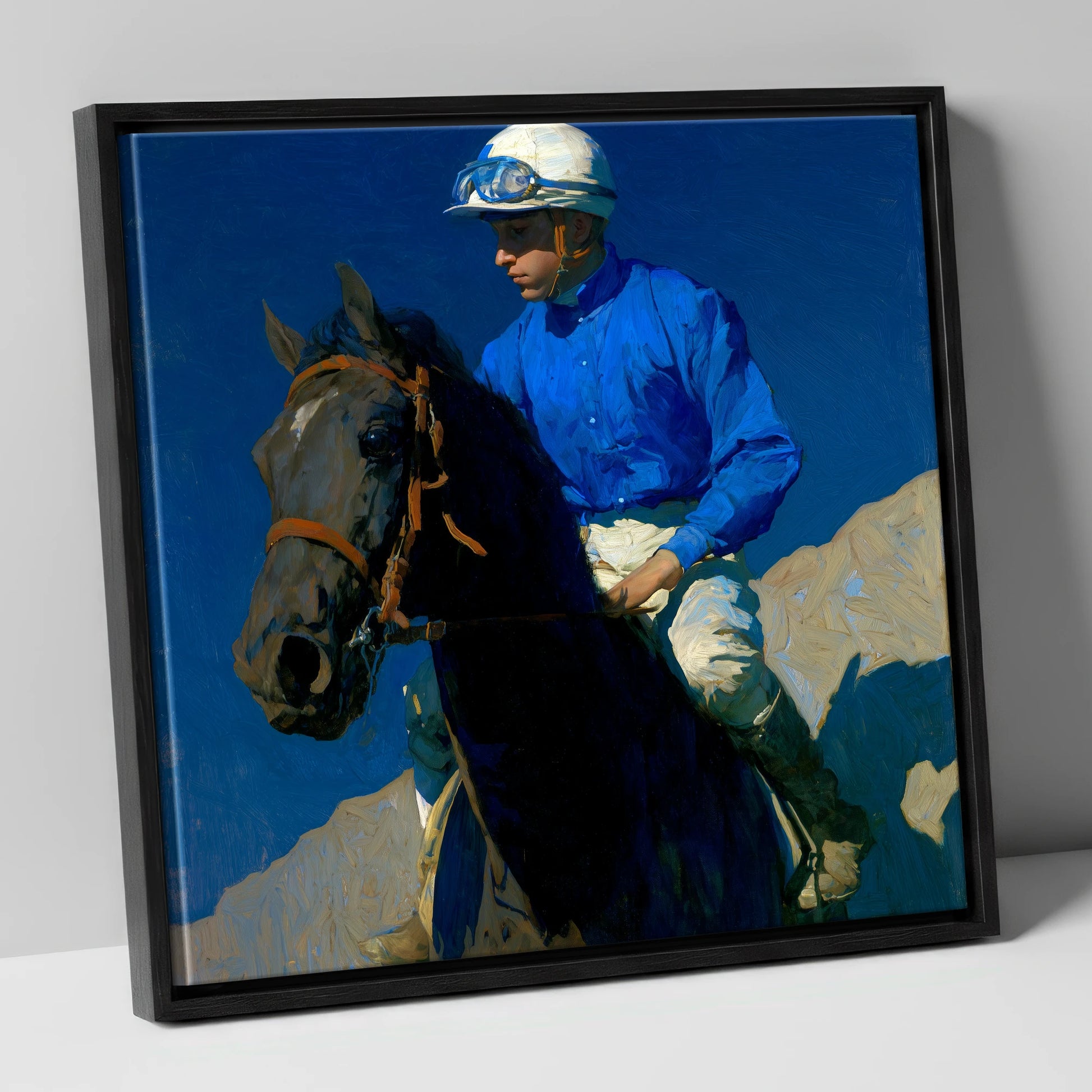 Focus Under Cobalt Skies racing horse canvas wall art in black frame