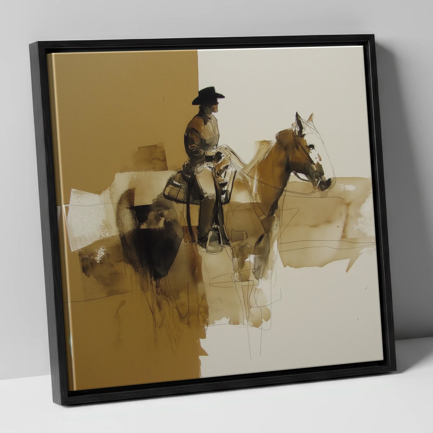 Solitary Western Rider western horse canvas wall art in black frame