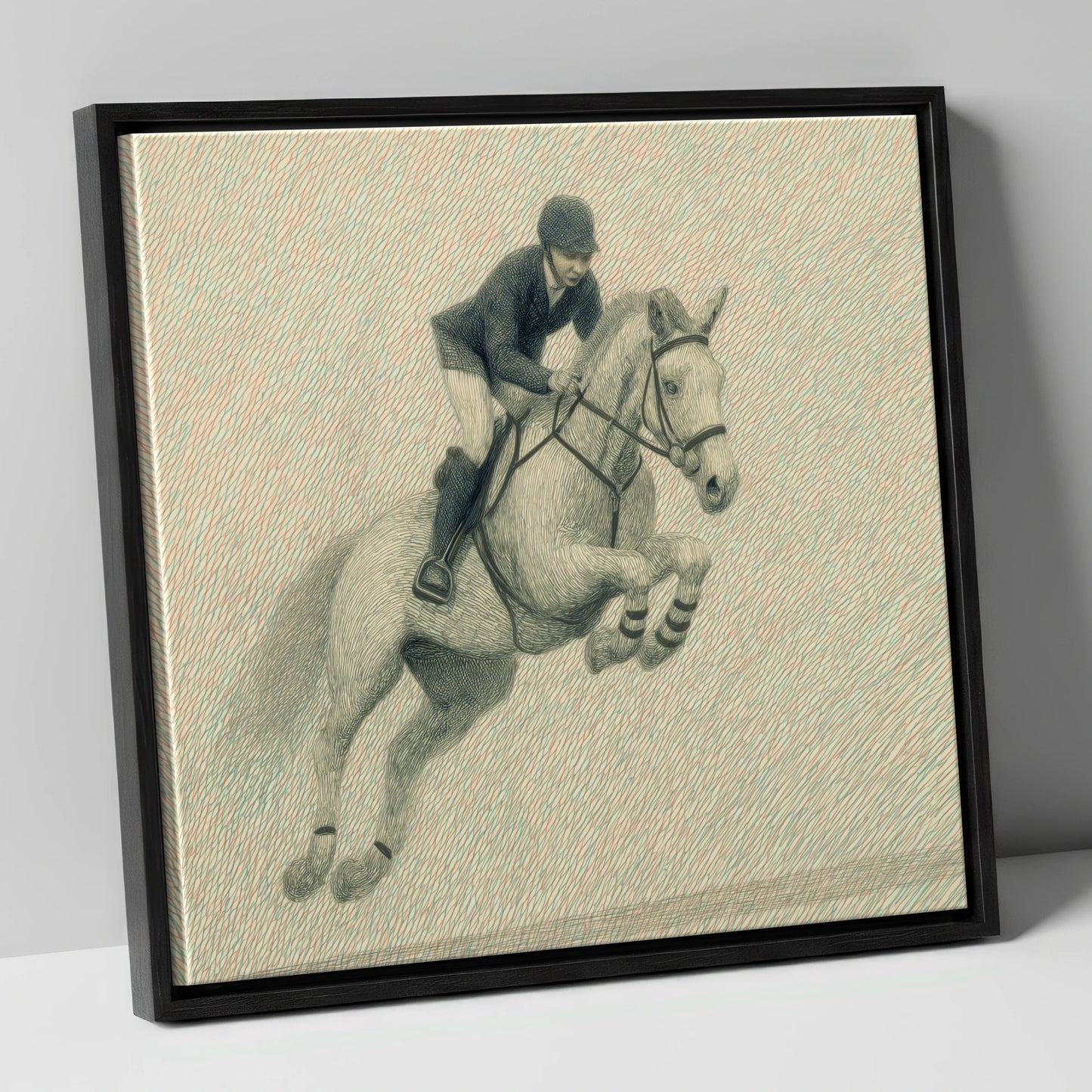 Precision in Flight show jumping horse canvas wall art in black frame