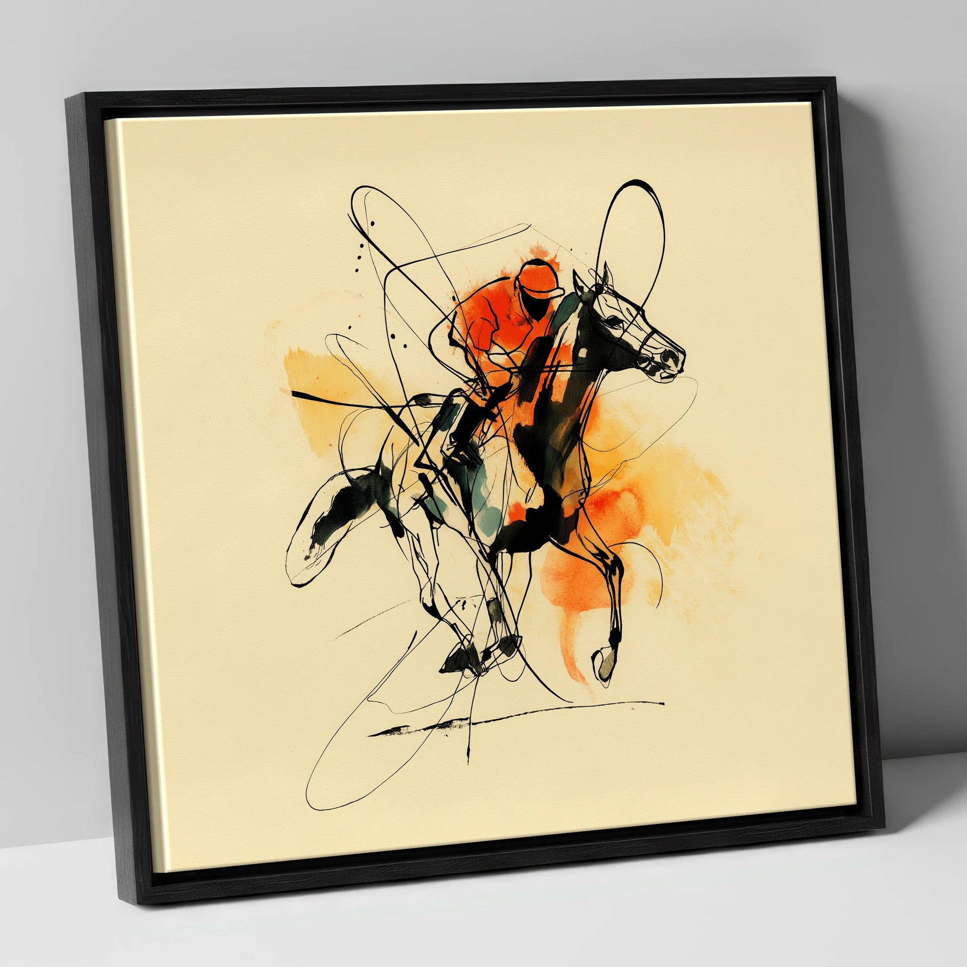 Velocity in Amber racing horse canvas wall art in black frame