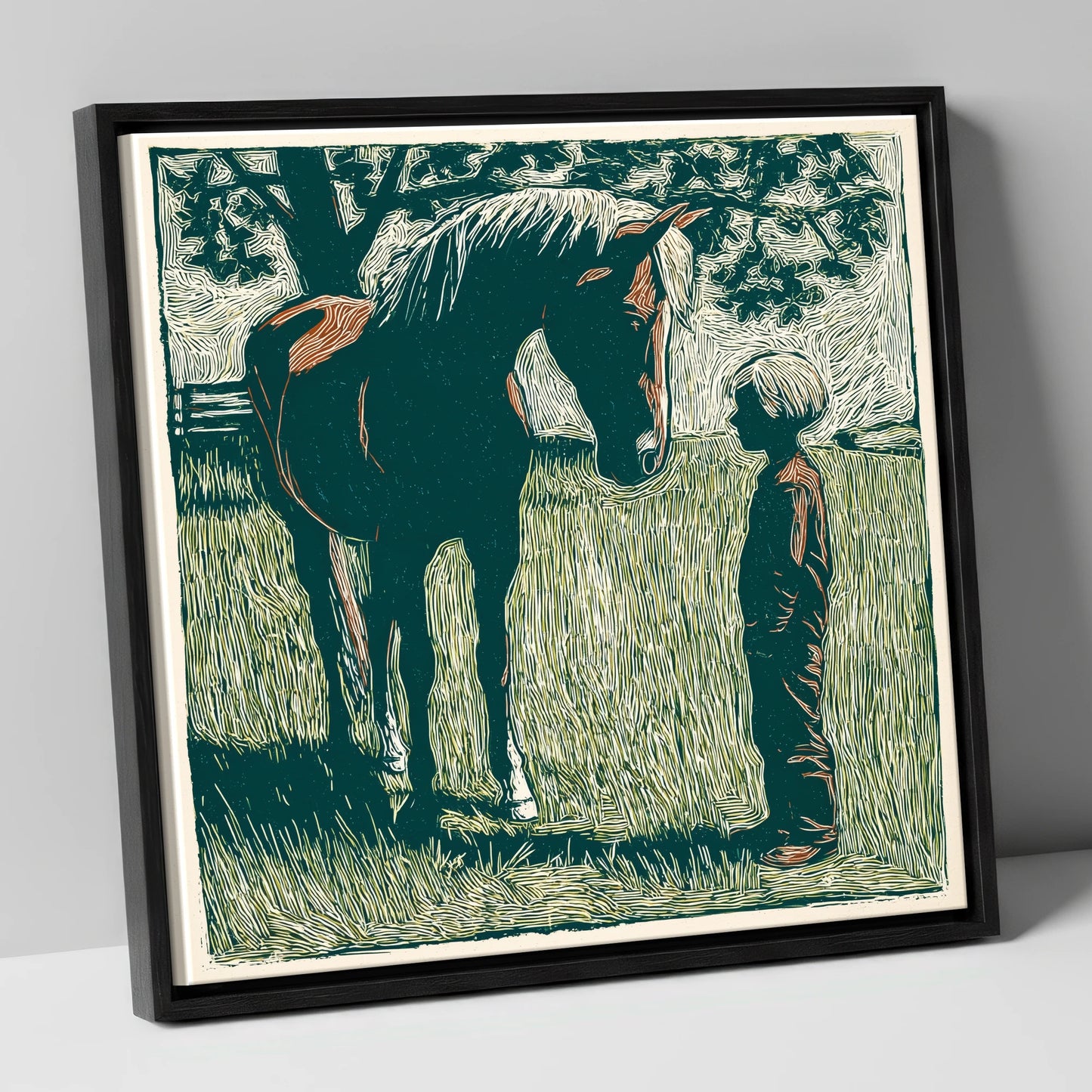 Kindred Spirits horse & rider canvas wall art in black frame