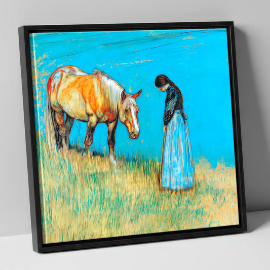 Cerulean Bond horse & rider canvas wall art in black frame