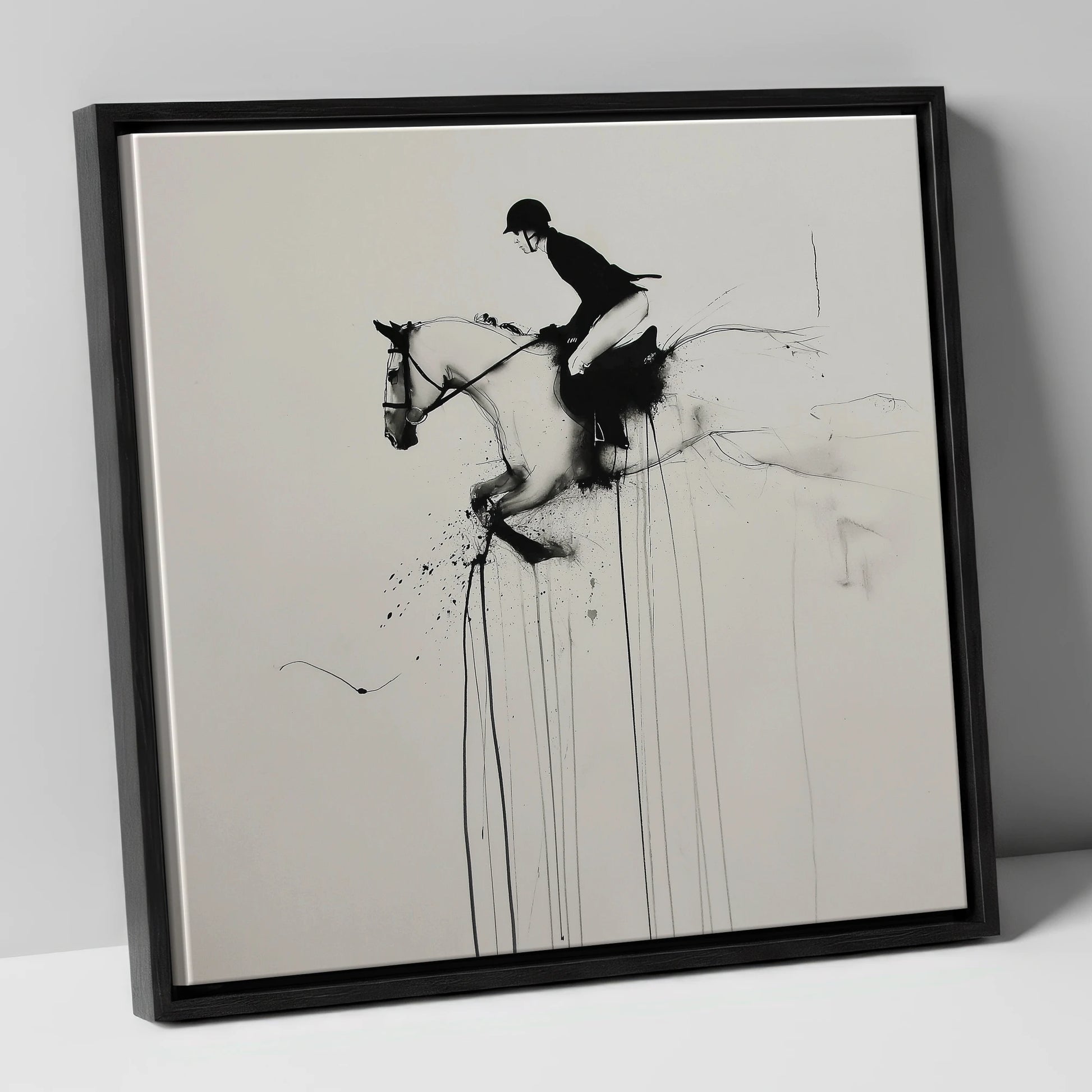 Airborne Elegance show jumping horse canvas wall art in black frame