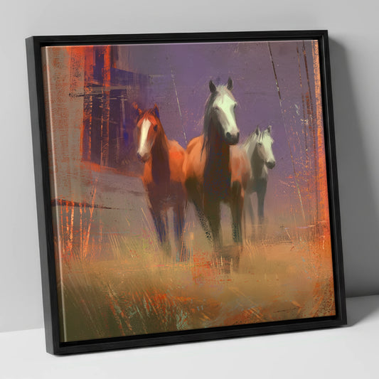 Haze and Embers wild horses canvas wall art in black frame