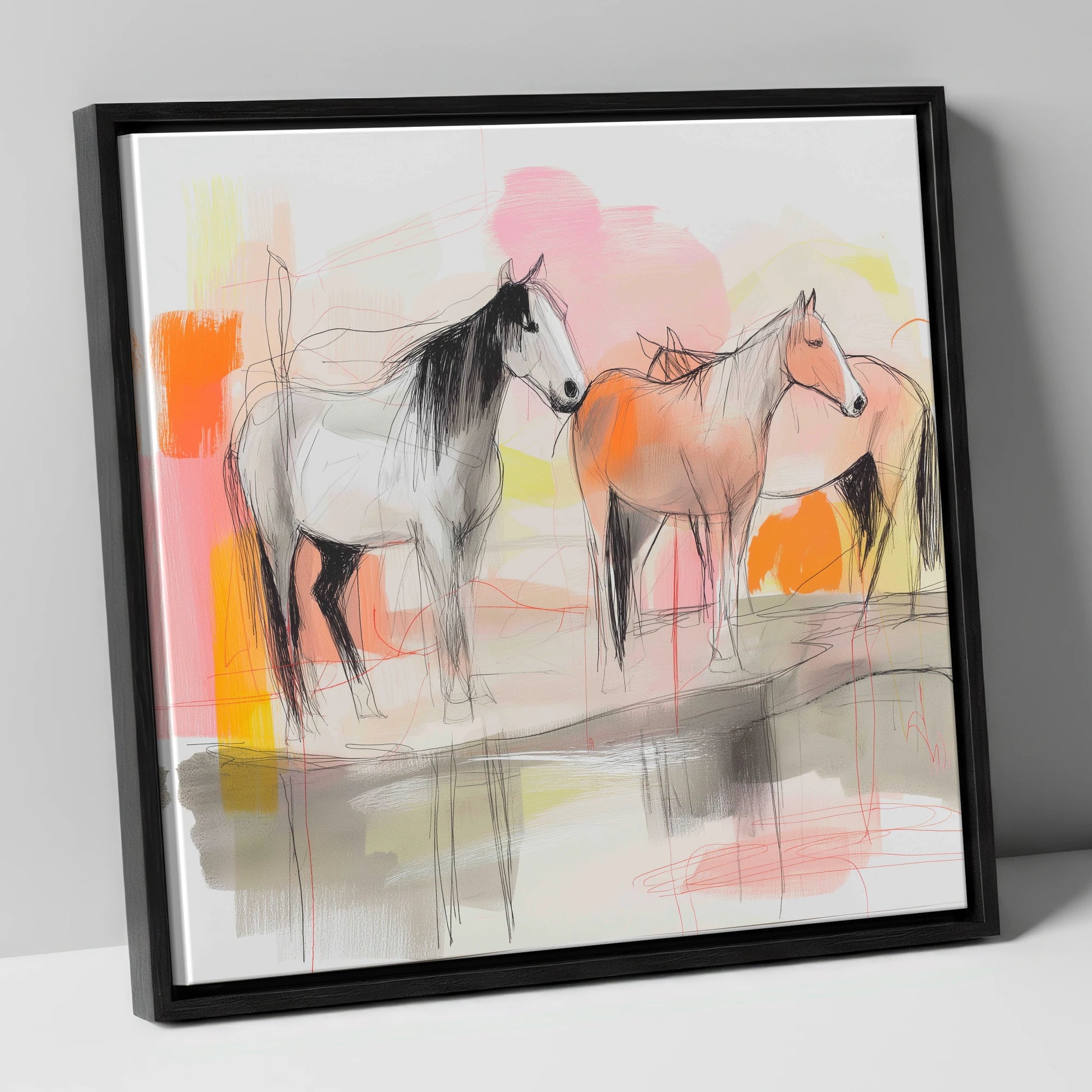 Sunset Harmony on the Plains wild horses canvas wall art in black frame