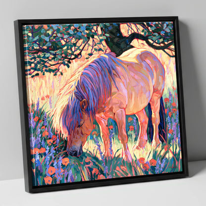 Vibrant Grazing Pony In Meadow horse breed canvas wall art in black frame