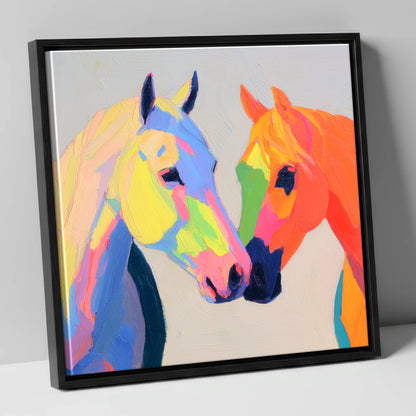 Technicolour Companions horse portrait canvas wall art in black frame