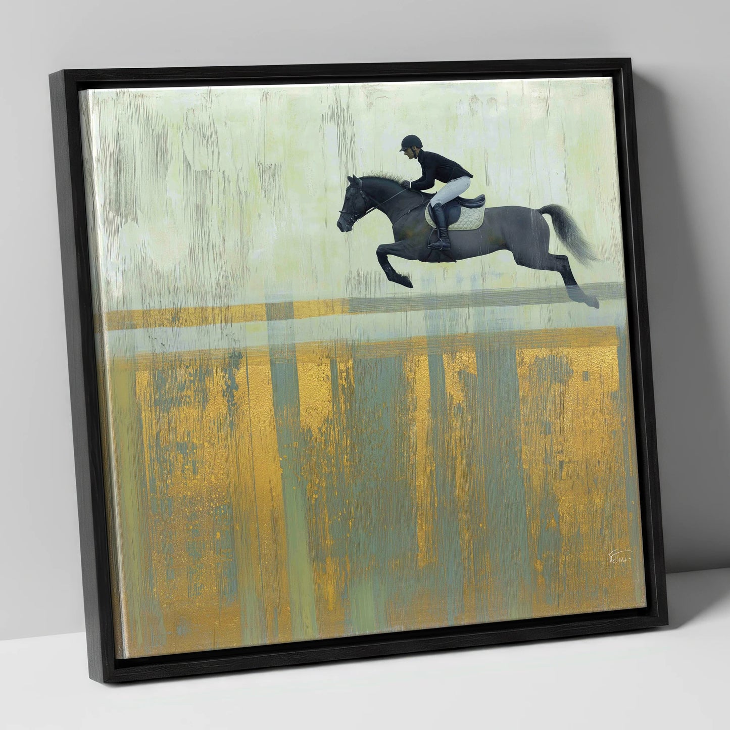 Flight Over Gold show jumping horse canvas wall art in black frame