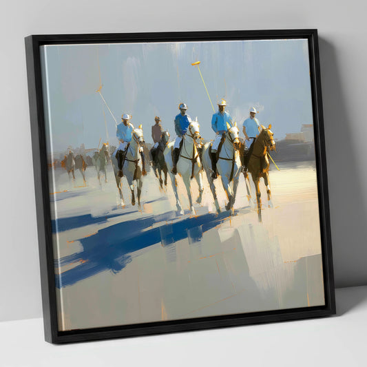 Sunlit Polo Approach polo horse canvas wall art in black frame