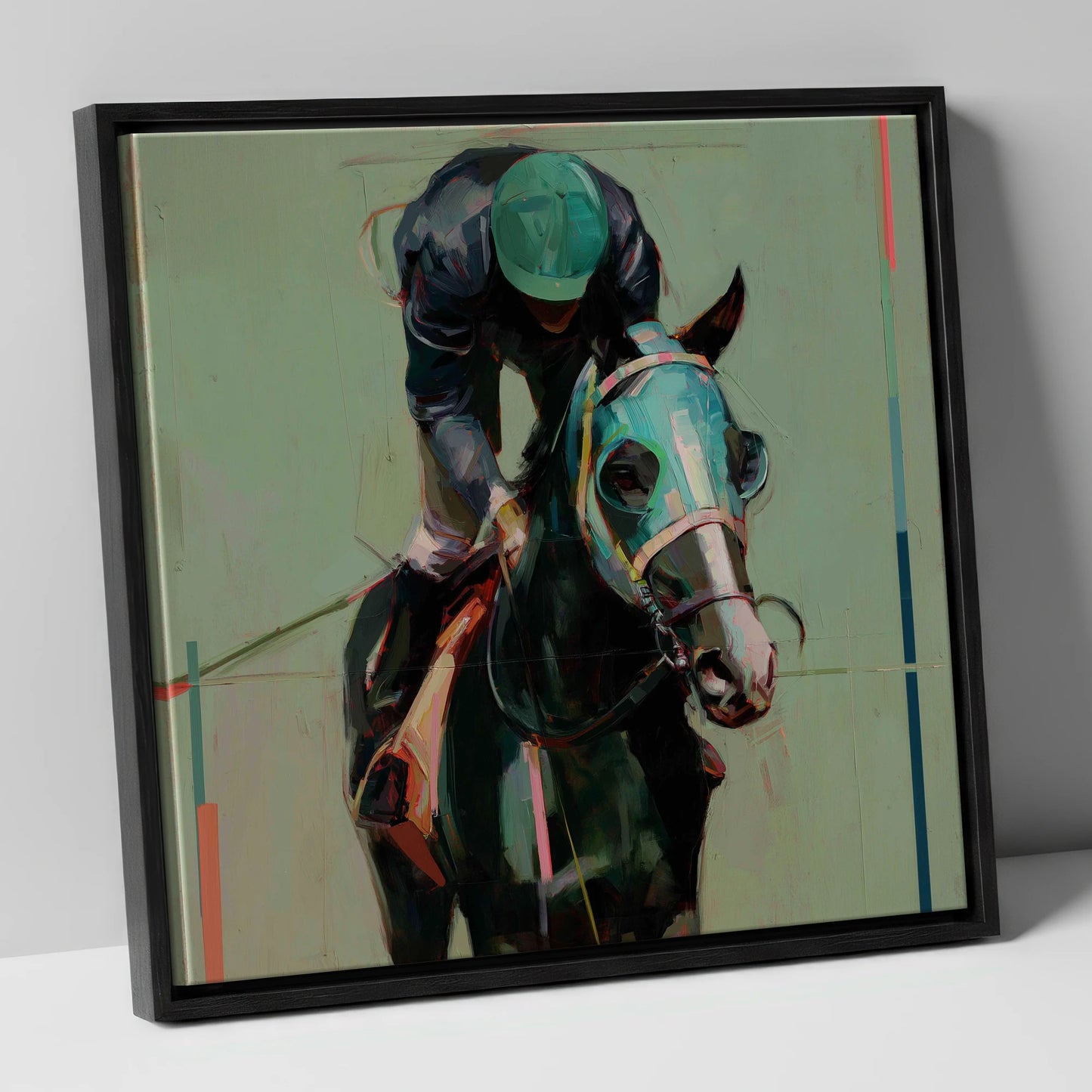 Blinkered Focus racing horse canvas wall art in black frame