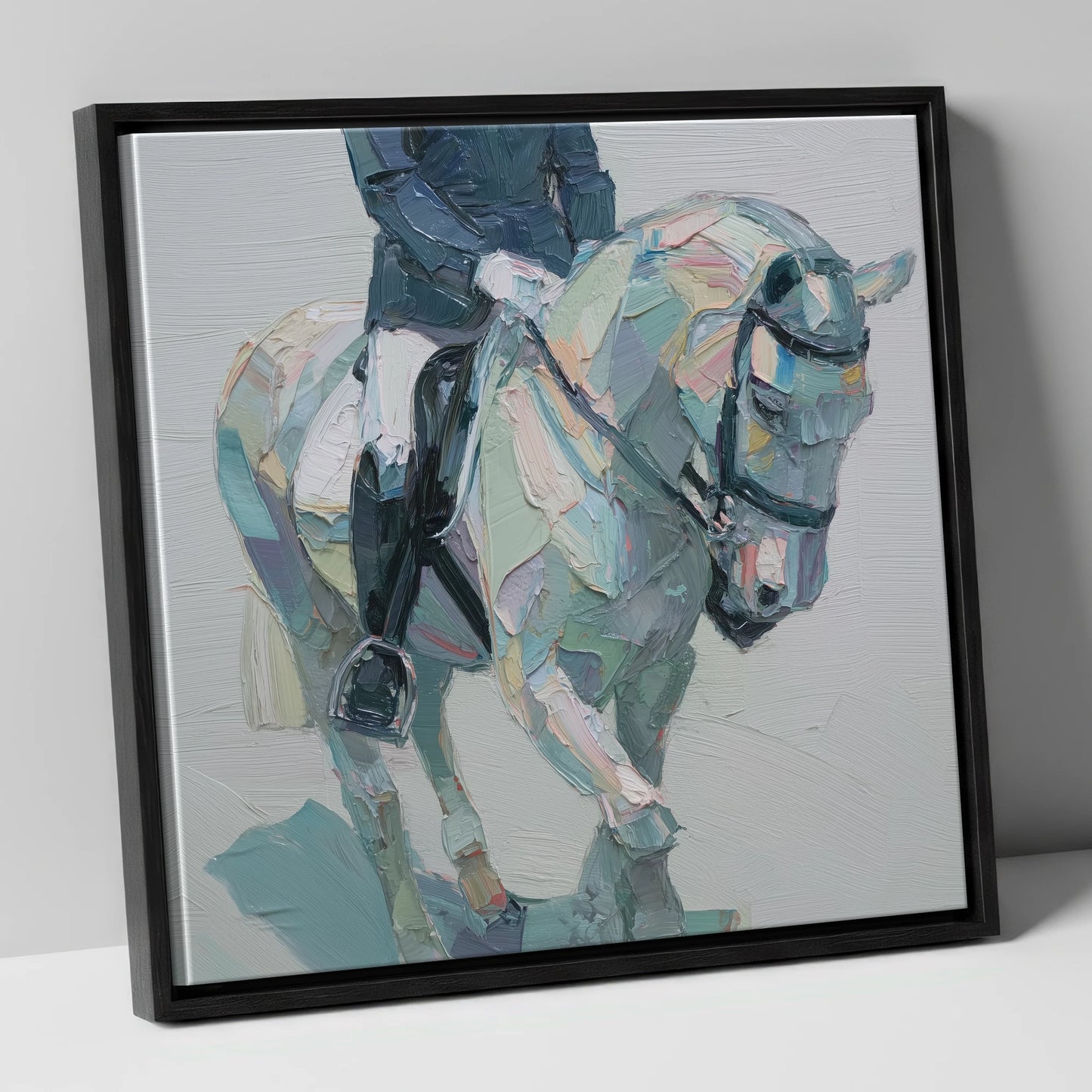 Collected In Pastel dressage horse canvas wall art in black frame