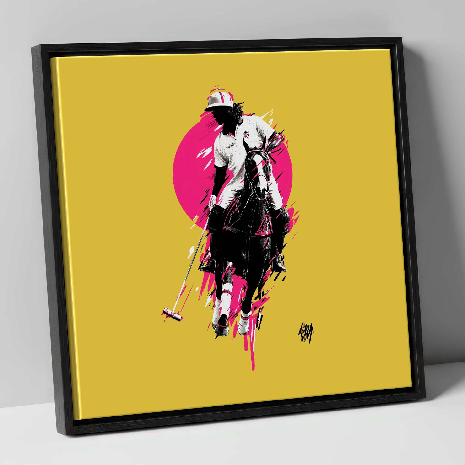 The Vibrant Chukka polo horse canvas wall art in black frame