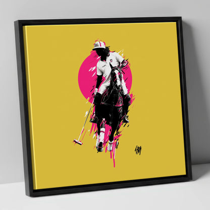 The Vibrant Chukka polo horse canvas wall art in black frame