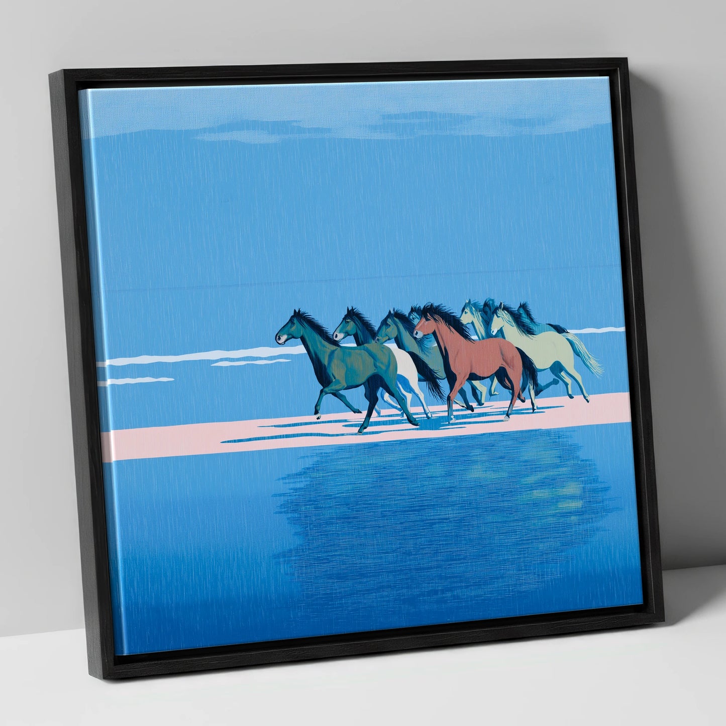 Coastal Canter wild horses canvas wall art in black frame