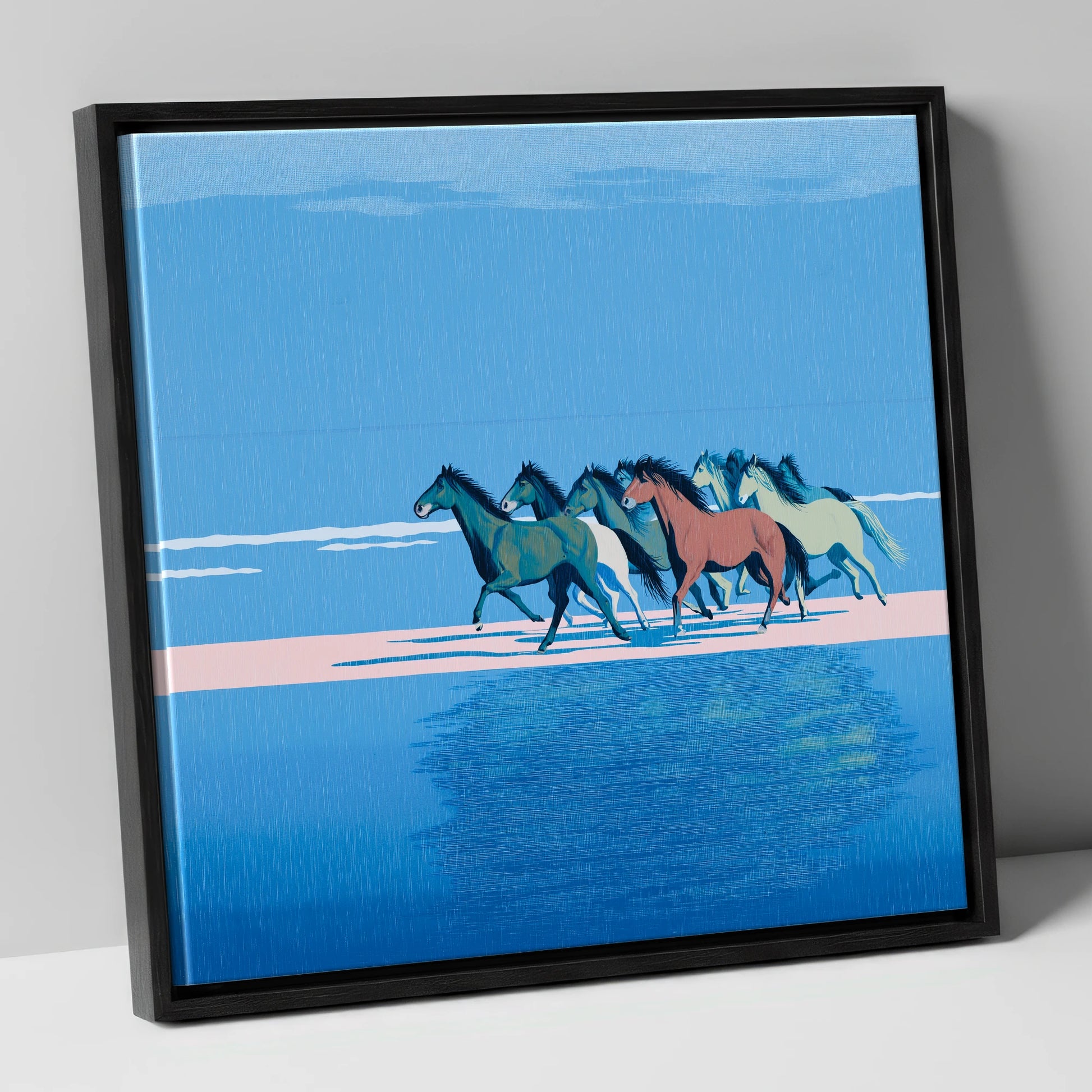 Coastal Canter wild horses canvas wall art in black frame